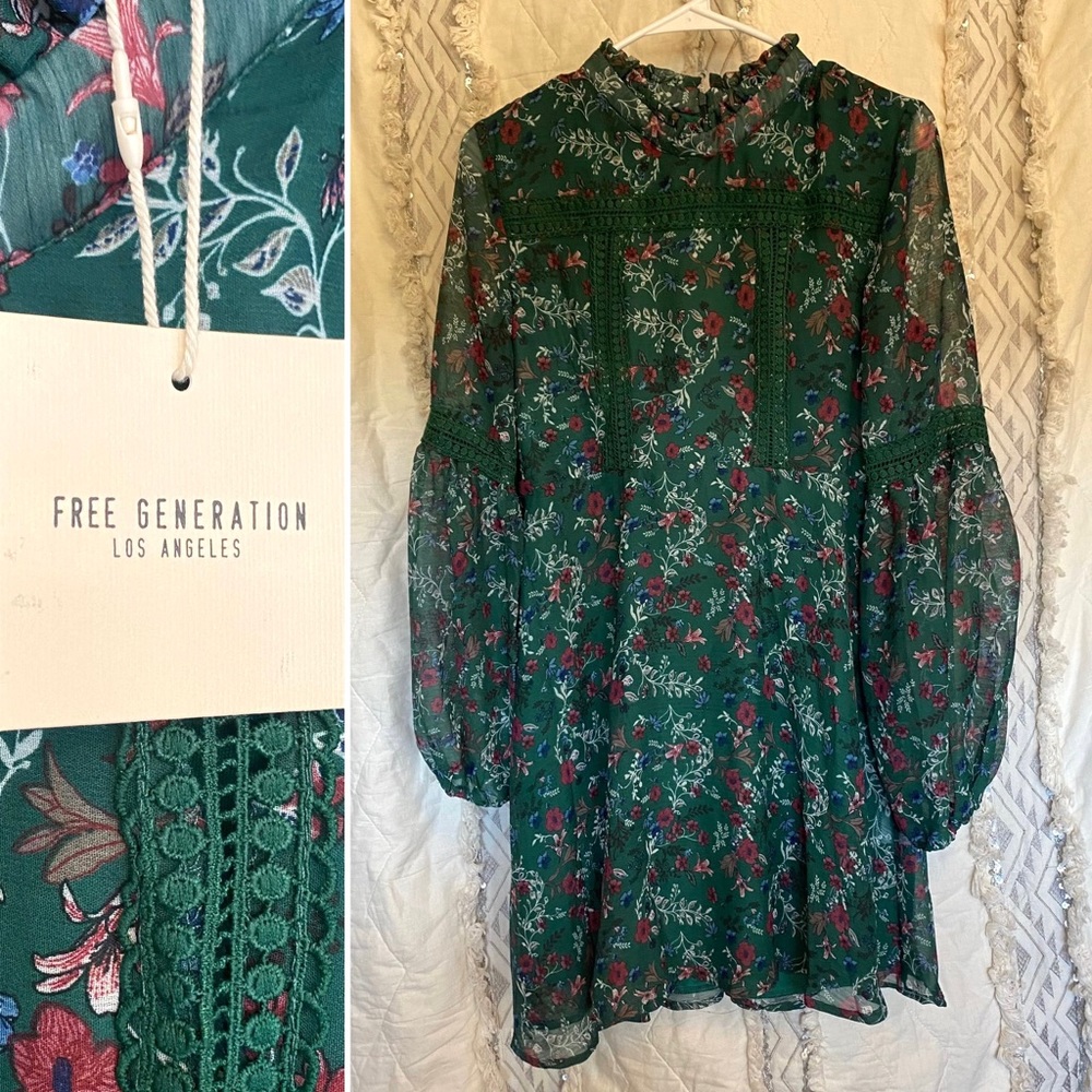 Free Generation Los Angeles Boho CottageCore Dress, shear long sleeve floral